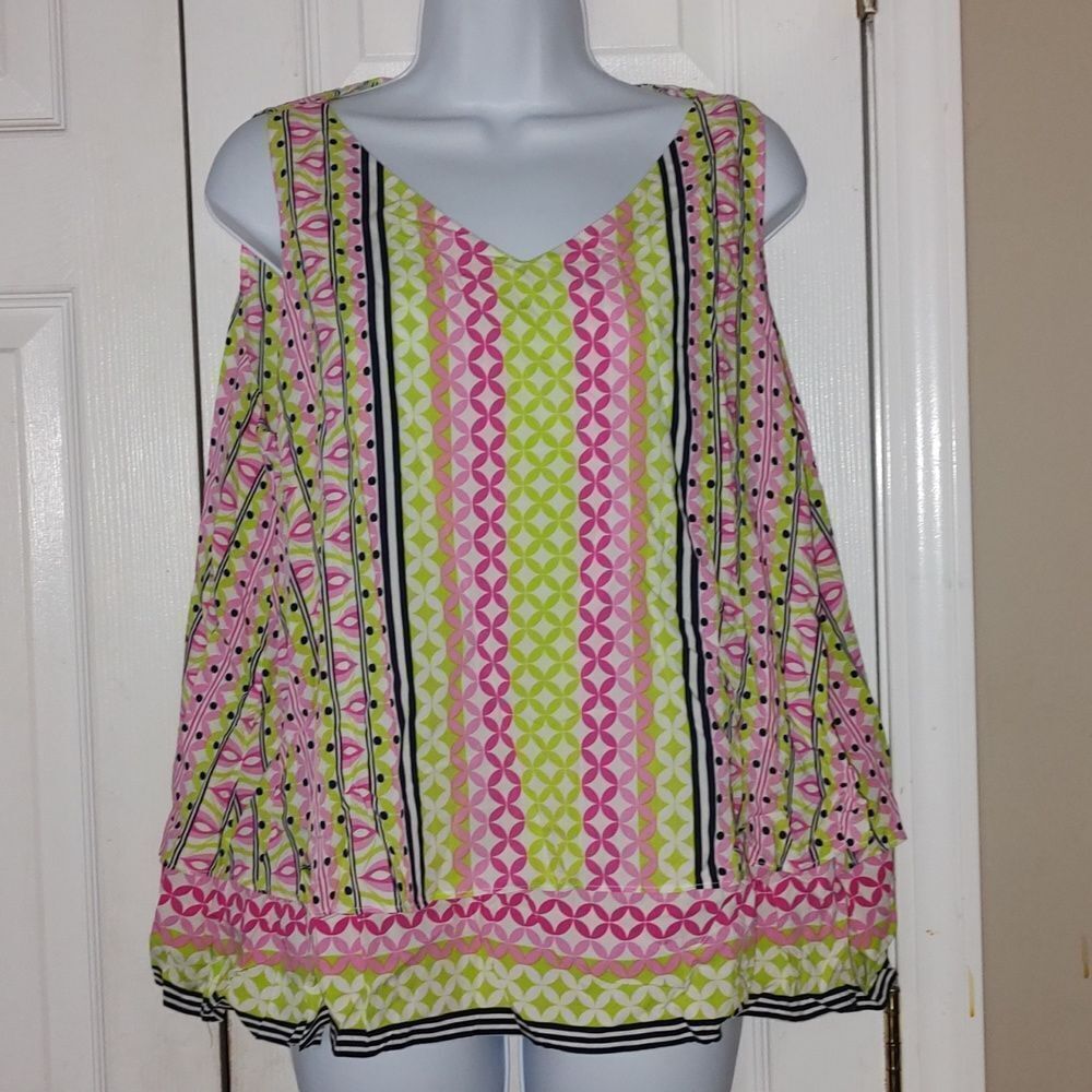 Crown & Ivy Pink Green sleeveless tiered prep tank Open Back  Sz PXL